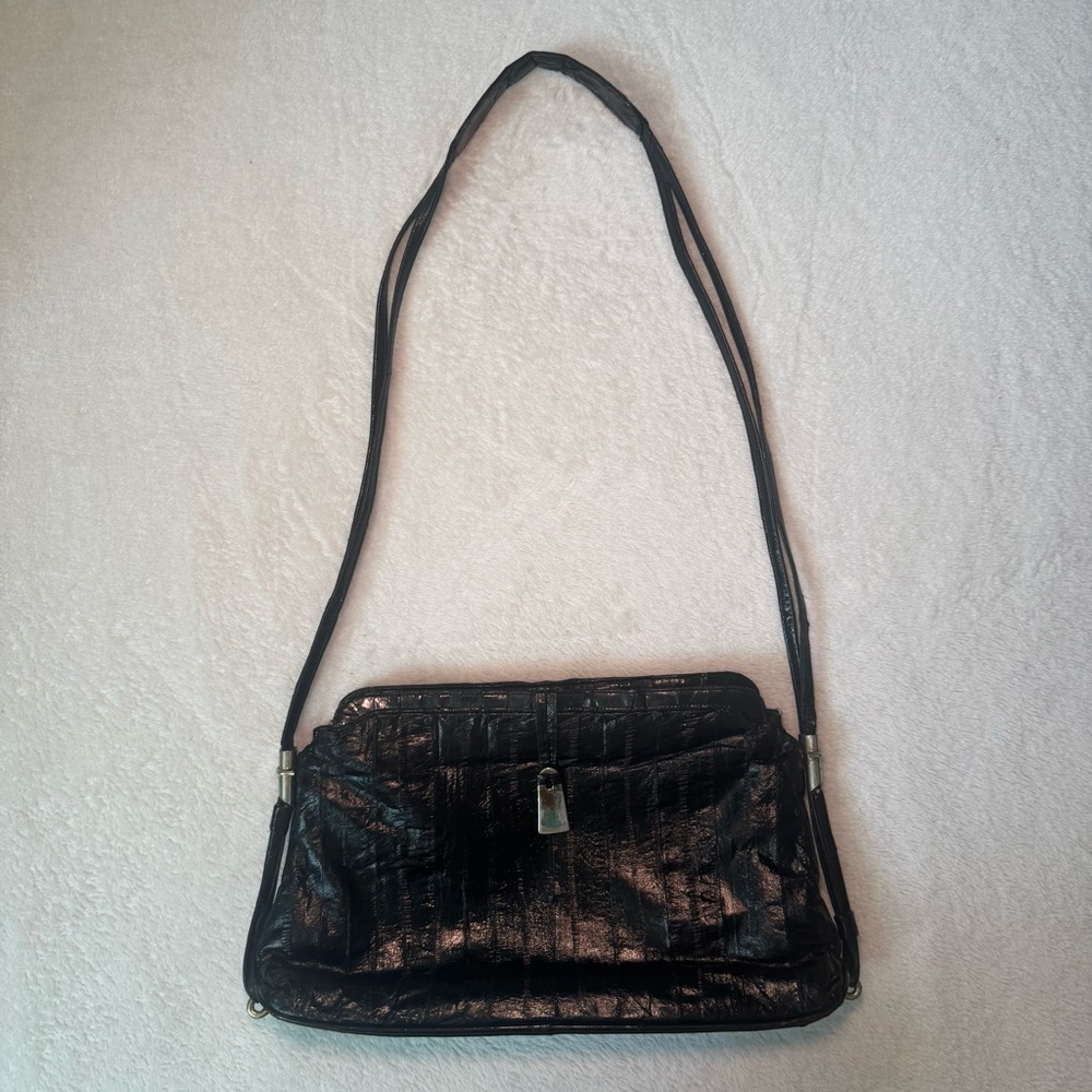 Black Leather Eel Skin Shoulder Bag Clutch Purse, Vintage Exotic Leather Handbag
